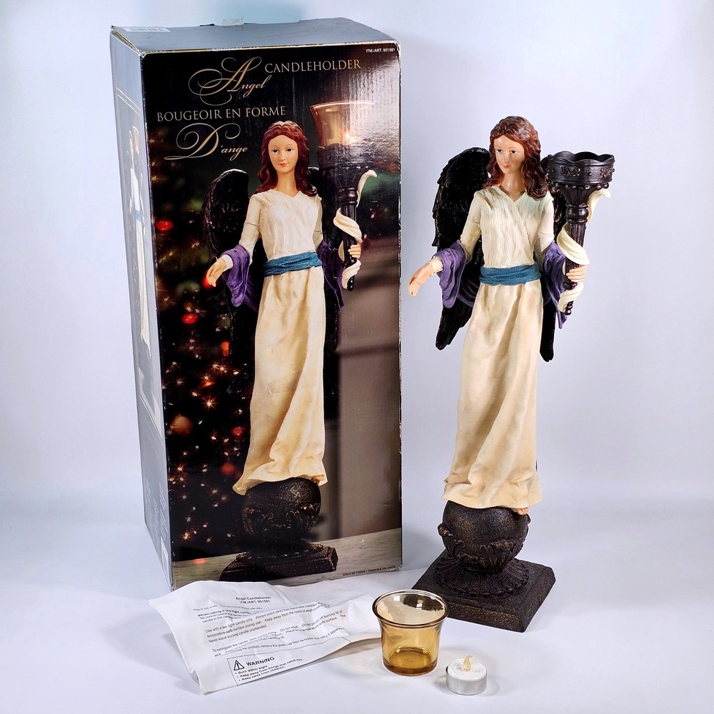 Angel Candleholder Statue with Amber Glass Votive Cup and Box 20.5 Inch 901581